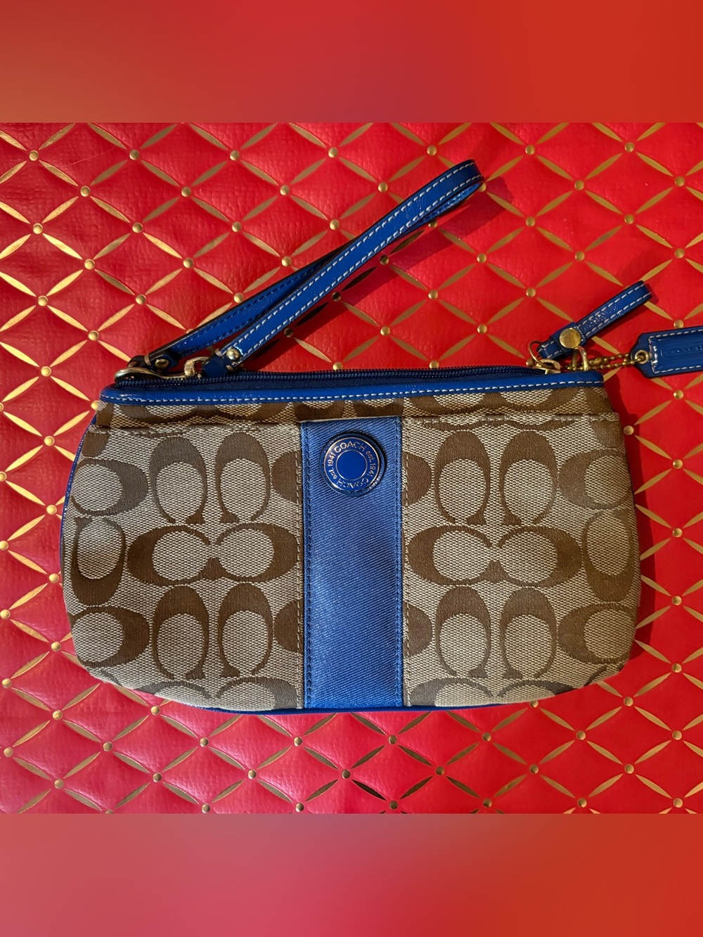 Coach Brown Signature Canvas Wristlet with Blue Trim
